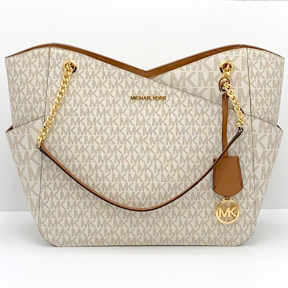 MICHAEL KORS LARGE X CHAIN SHOULDER TOTE VANILLA SIGNATURE - Picture 2 of 16